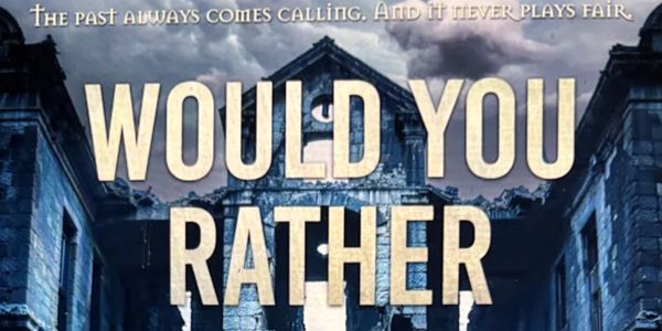 A haunting phrase overlays a dark, ruined building under a stormy sky.