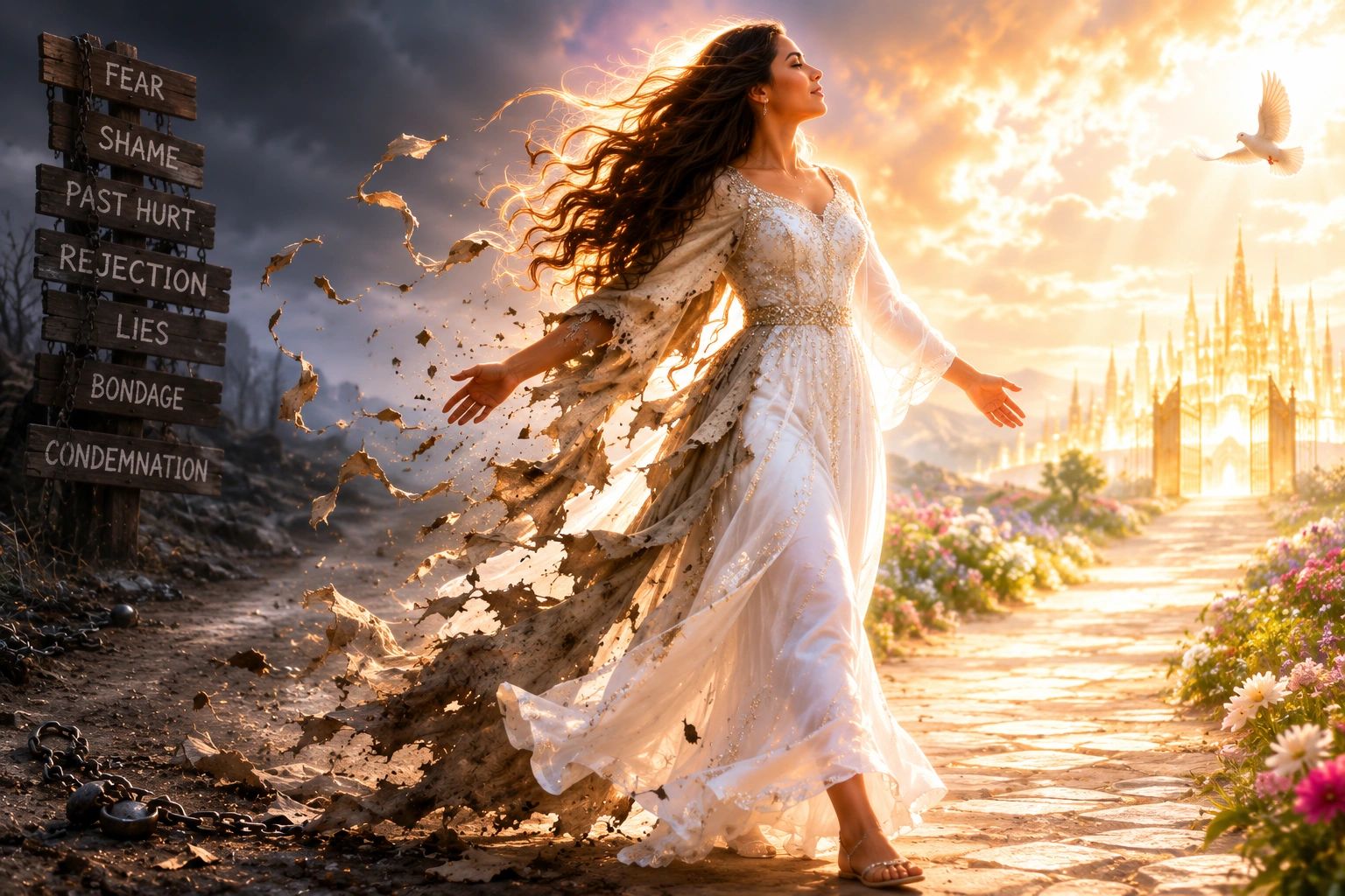 a woman being free'd from her past and revealing the purity already within her. 
