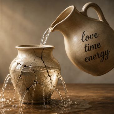 Water pours from a jug labeled 'love time energy' into a cracked pot leaking water.