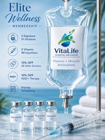VitaLife Elite Wellness membership offers IV infusions, vitamin injections, and discounts for health optimization.