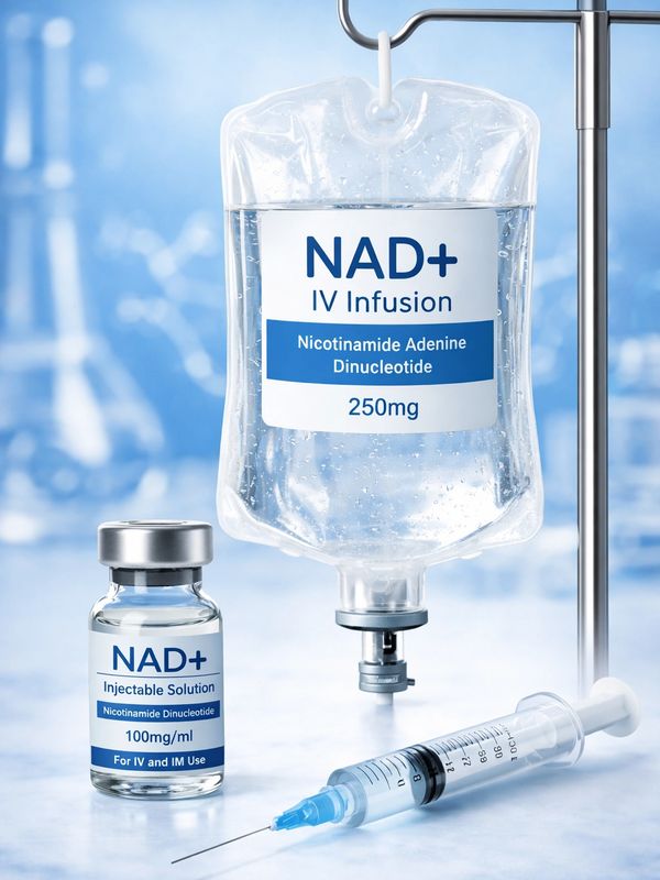 NAD+ IV infusion bag, injectable solution vial, and syringe for medical use.
