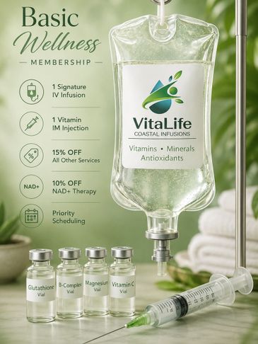 Basic Wellness membership offers IV and IM vitamin therapies with discounts and priority scheduling.