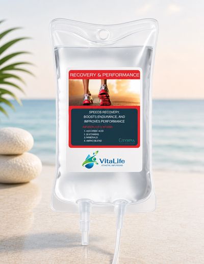 IV hydration bag labeled VitaLife for recovery and performance by the beach.