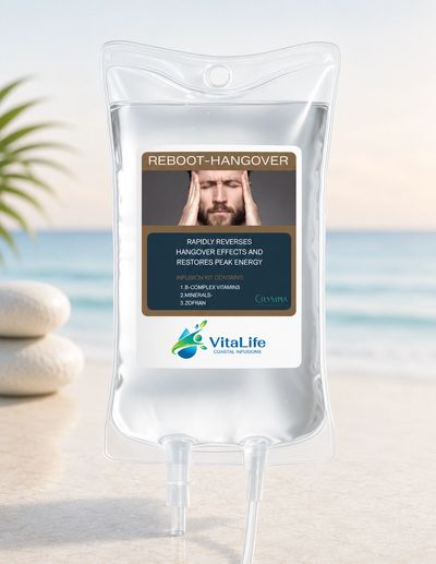 IV bag labeled Reboot-Hangover for hangover relief by VitaLife.