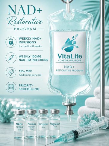NAD+ Restorative Program offering weekly infusions and injections with discounts and priority scheduling.