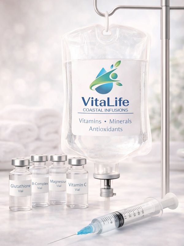 IV infusion bag and vials labeled with vitamins and minerals for health therapy.