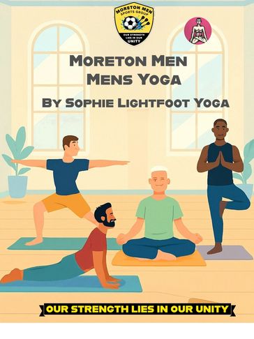 Illustration of men practicing yoga together at Moreton Men Sports Group event.