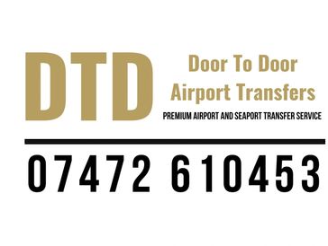 Logo for DTD Door To Door Airport Transfers with contact number.