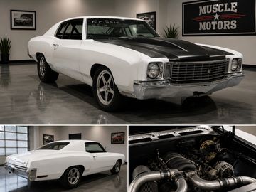 Classic white muscle car with black hood and polished wheels in showroom.