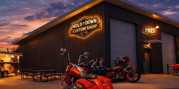 Custom motorcycle shop exterior at sunset with bikes parked outside.