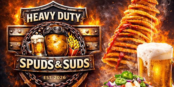 Logo of Heavy Duty Spuds &amp; Suds with beer, fries, and loaded potato.