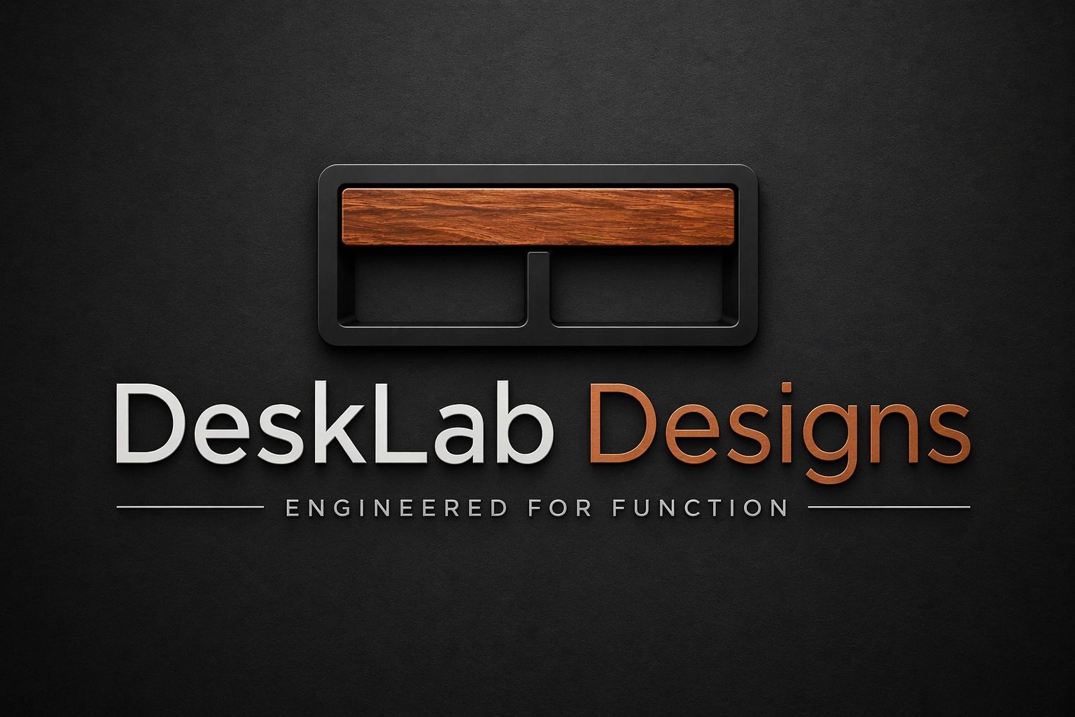 Logo for DeskLab Designs with a sleek wooden and metal aesthetic.
