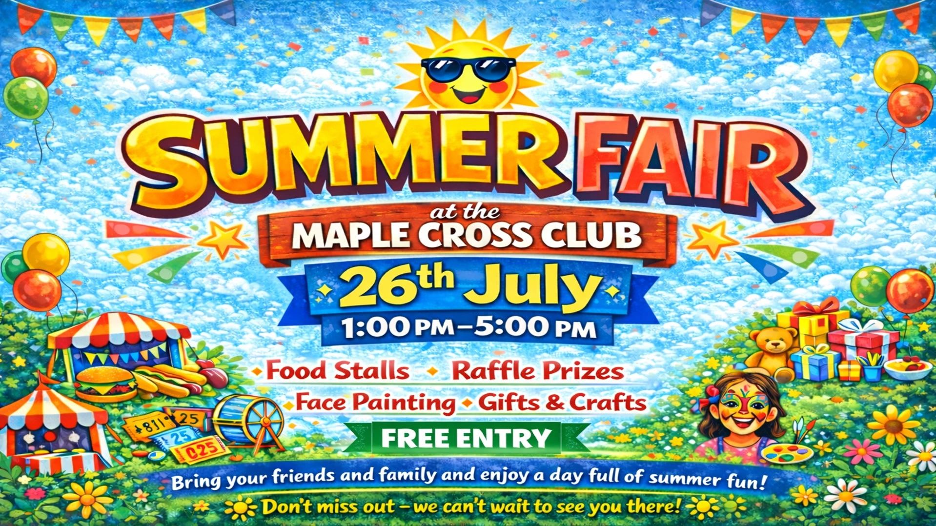 Colorful summer fair poster with food, prizes, face painting, and free entry on July 26th.