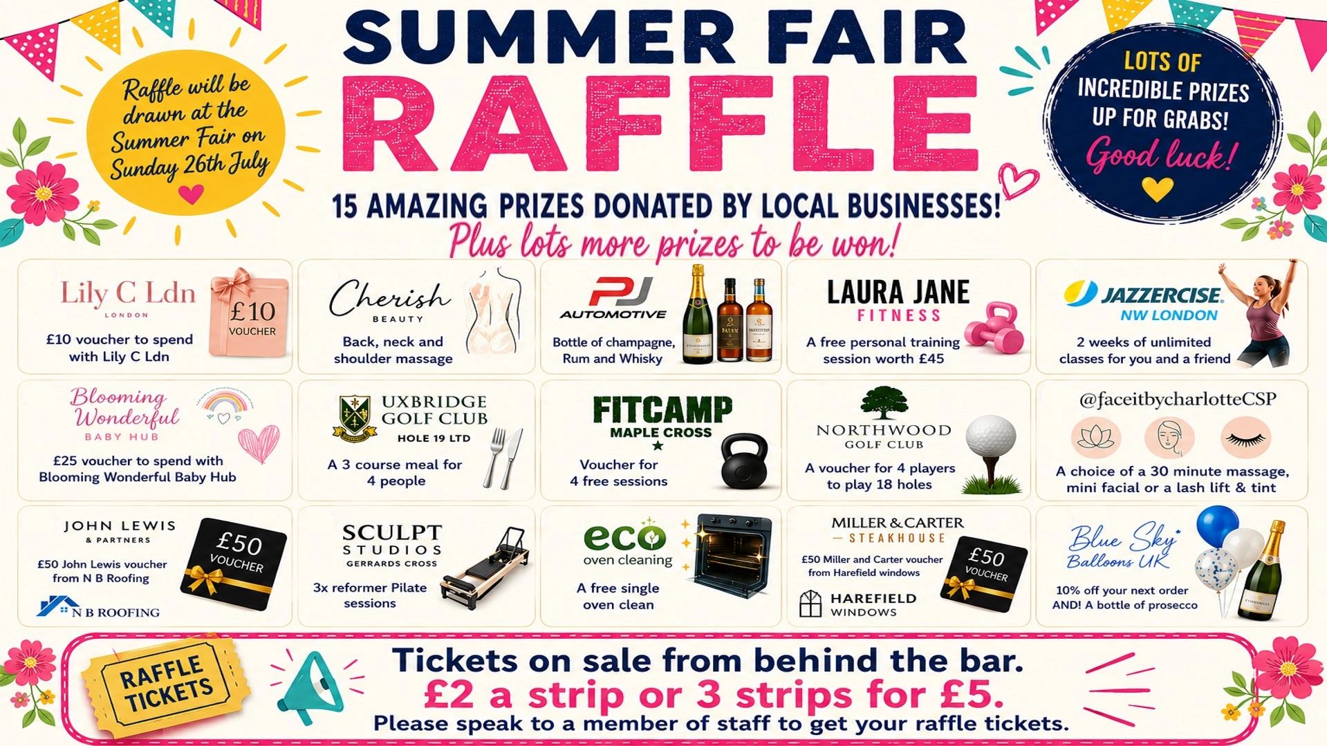 Summer Fair Raffle offers 15 prizes from local businesses with tickets £2 or 3 for £5.