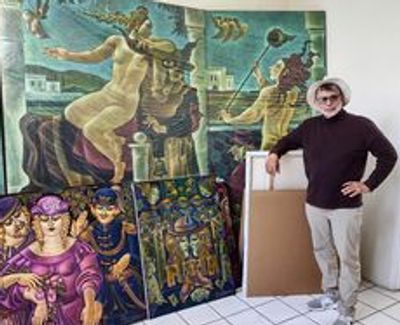 Art agent Jose Mauricio Mendoza next to the Snitkovsky's "Myth of Europe"