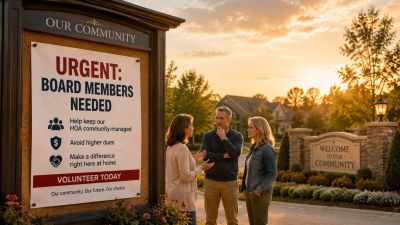 Community members discuss volunteer board positions at sunset.