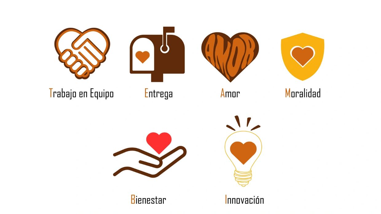 Icons representing teamwork, delivery, love, morality, well-being, and innovation with heart symbols.