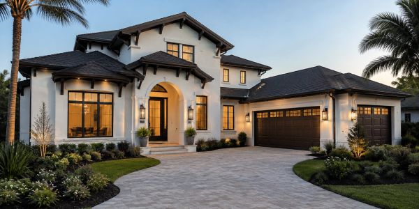 Modern two-story house with large windows and double garage.