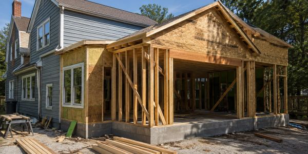 House under construction with wooden framework and sheathing.