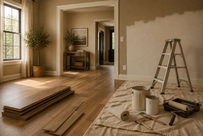 Room renovation with painting and wooden flooring.