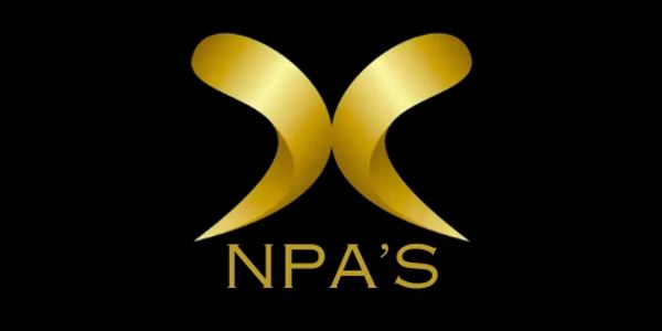 Golden abstract logo with text "NPA'S" on a black background.