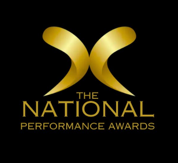 Gold logo of The National Performance Awards on black background.