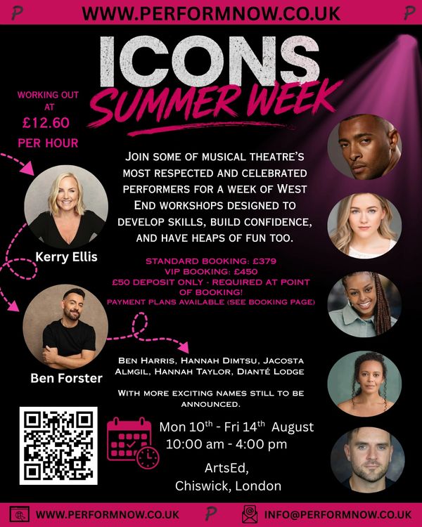 Poster for ICONS Summer Week musical theatre workshops with top performers in London.