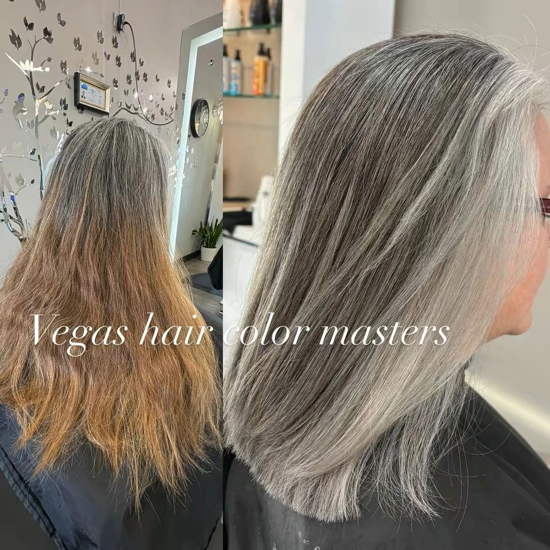 Before and after hair color transformation from brassy to silver-gray.