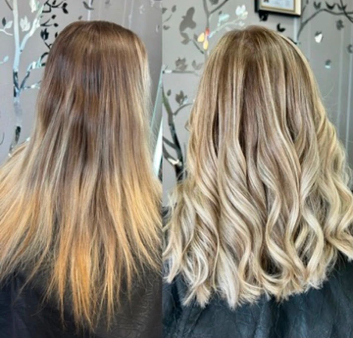 Before and after hair transformation with curls and highlights.