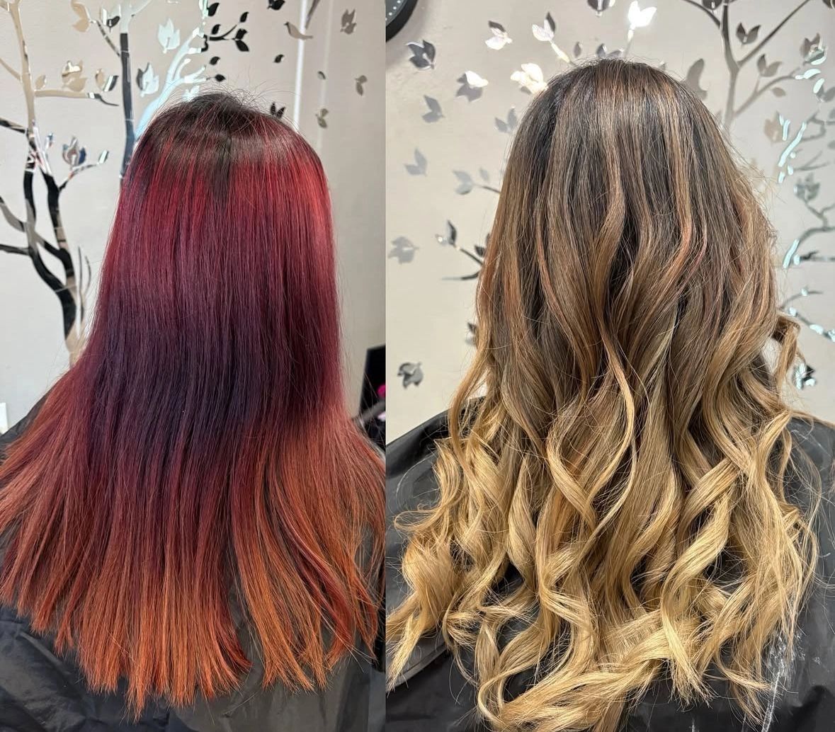 Before and after hair color and style transformation.