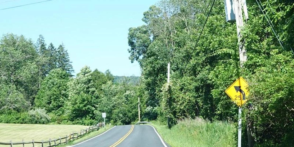 Rural road with a curve and a speed limit sign.