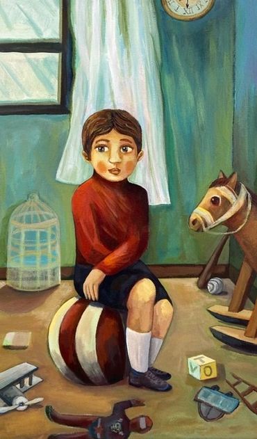Young boy sitting on a ball in a playroom.
