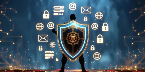 Silhouette with shield protecting digital security icons.