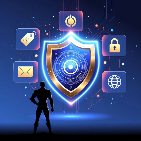 Silhouette of a person standing before a glowing shield with security icons.