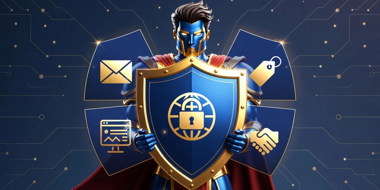 A futuristic armored figure holding a shield symbolizing cybersecurity protection.