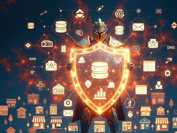 A futuristic knight shields data in a digital cybersecurity network.