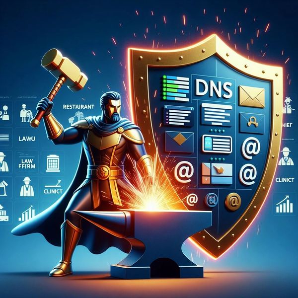 A heroic figure forging a shield with DNS and internet security icons.