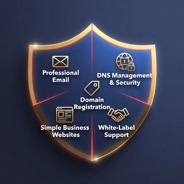 Shield graphic illustrating domain registration, email, DNS security, website, and support services.