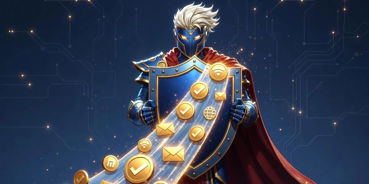 A futuristic knight shields against digital threats with a glowing shield.
