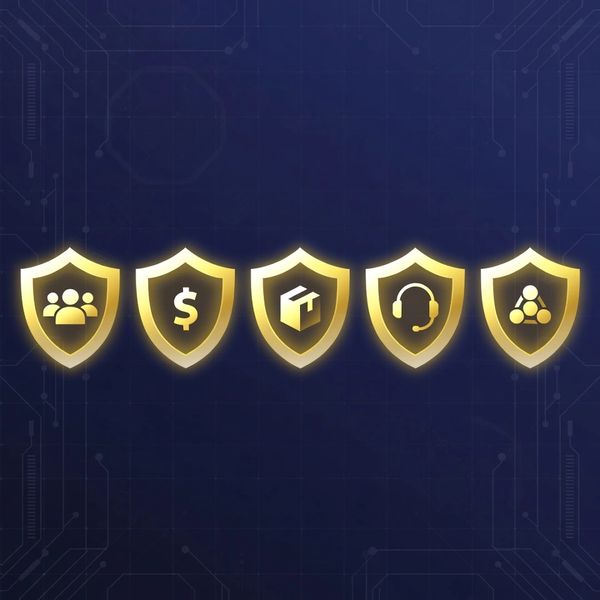 Five golden shields with different business and communication icons on a blue background.