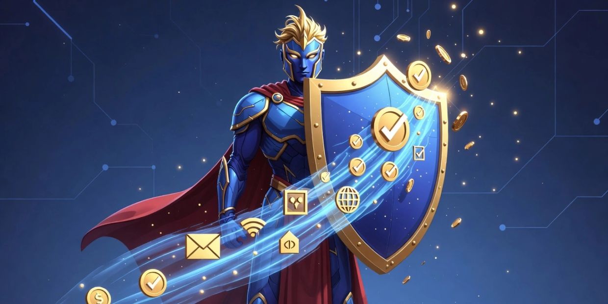 A superhero-like figure holding a shield with digital security icons.