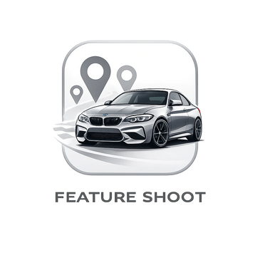 Sleek silver BMW car with location pins and 'Feature Shoot' text.