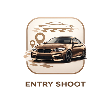 Sleek brown sports car with racing and location icons, labeled Entry Shoot.