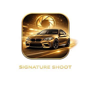 Golden sports car in a dynamic photo shoot with a camera aperture symbol.