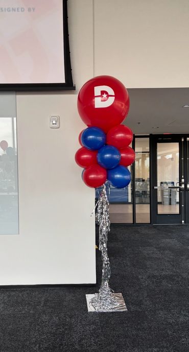 Red and blue balloon decoration with a large red balloon featuring a white 'D' and star.