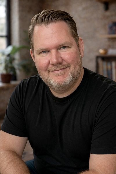 Smiling man with short hair and beard wearing a black shirt indoors.