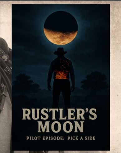 Silhouette of a cowboy under a glowing crescent moon in a dark sky.