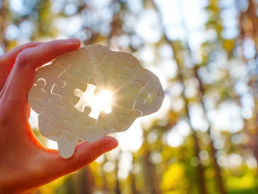 Hand holding a brain-shaped puzzle piece with sunlight shining through.