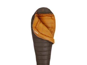 Brown and orange mummy sleeping bag.