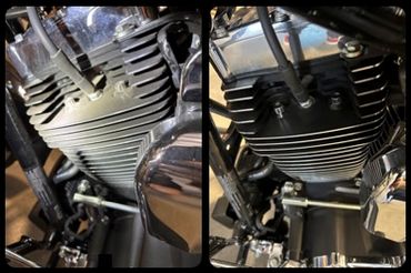 Before and after Harley engine after dry ice cleaning. 